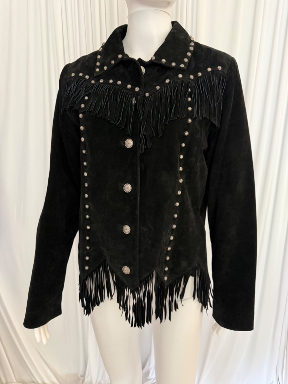 Saguaro Black Suede Leather Fringe Western Jacket | Red Satin Lining | Size L - Picture 2 of 16